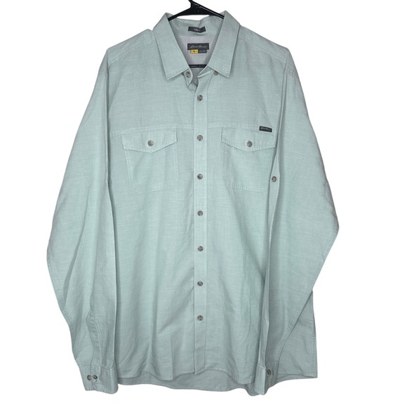 Eddie Bauer Men's XLT Shirt Travex Classic Fit Green Linen Blend Vented Outdoor - Picture 1 of 7
